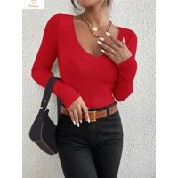 Womens V-Neck Rib Knit Sweater