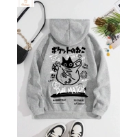 Cute Cat Cartoon Hooded Sweatshirt for Women