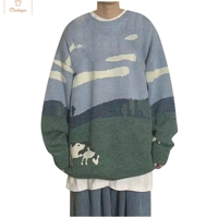 Vintage Winter Cows Print Pullover Sweater