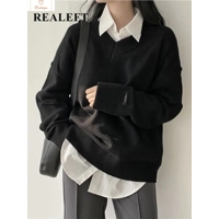 Casual Oversize Black V-Neck Sweater