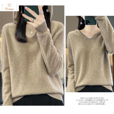 Merino Wool V-Neck Hoodie Sweater