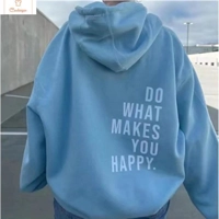 Happy Vibes Letter Print Fleece Hoodie