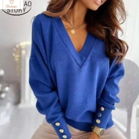 Knitted V-neck Long Sleeve Womens Sweater