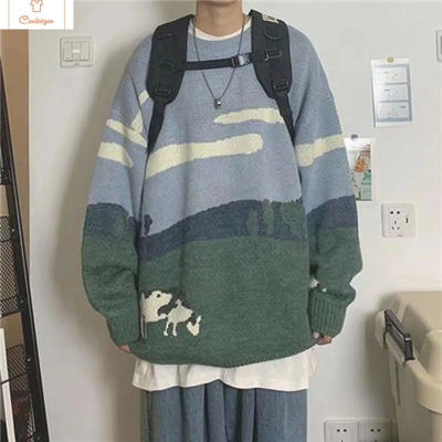 Vintage Winter Cows Print Pullover Sweater