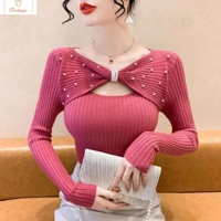 Womens V-Neck Bow Knit Sweater