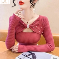 Womens V-Neck Bow Knit Sweater