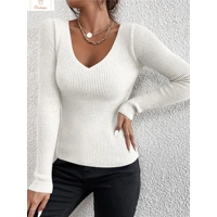 Womens V-Neck Rib Knit Sweater