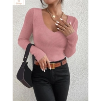 Womens V-Neck Rib Knit Sweater