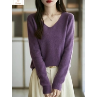 Womens Merino Wool V-neck Pullover Sweater