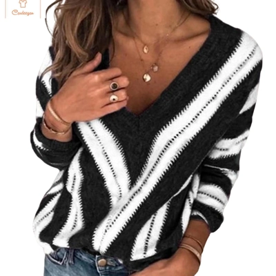 Loose Striped V-Neck Knit Sweater