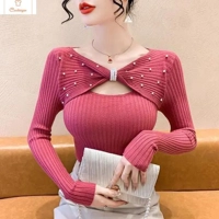 Womens V-Neck Bow Knit Sweater