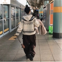 {Womens Retro Hooded Open Cardigan Sweater