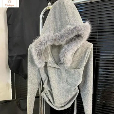 Korean Simple Solid Color Fur Collar Hoodie