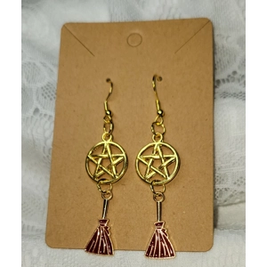 Witch Broom and Pentacle Earrings