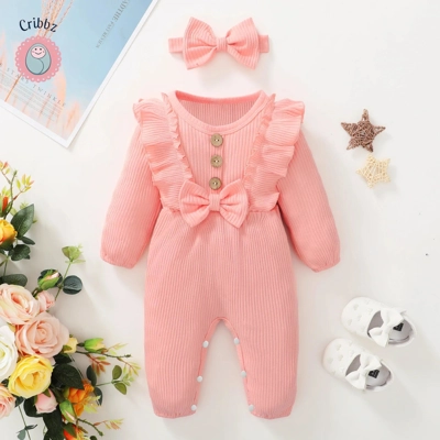 Newborn Baby Girl Long Sleeve Ruffle Bodysuit title=