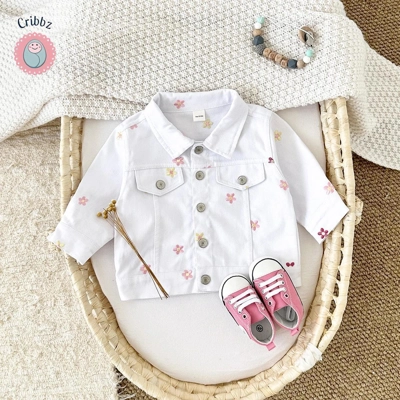 Denim Flower Embroidery Baby Girl Jacket title=