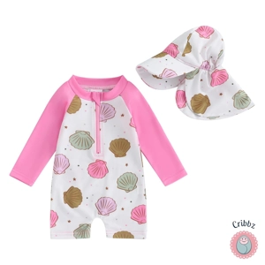 **Toddler Long Sleeve Floral Swimsuit with Hat**