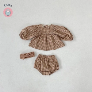 Plaid Puff Sleeve Blouse and Bloomer Set