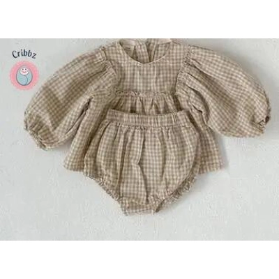 Plaid Puff Sleeve Blouse and Bloomer Set title=