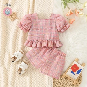 Summer Baby Girl Cotton Plaid Outfit Set
