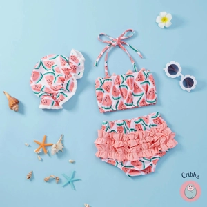 Watermelon Print Swimsuit Set with Cap
