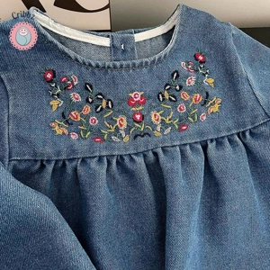 Girls Denim Floral Embroidery Long Sleeve Dress