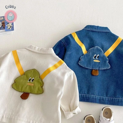 Kids Cartoon Color Block Denim Jacket title=
