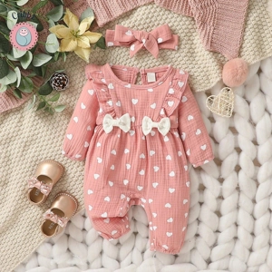 Baby Girls Casual Cotton Jumpsuit with Bowknot