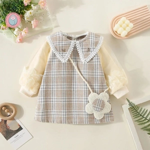 Winter Baby Girls Plaid Dress with Bubble Sleeves
