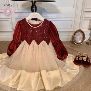 Girls Sequined Lantern Sleeve Winter Dress