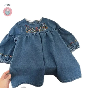 Girls Denim Floral Embroidery Long Sleeve Dress