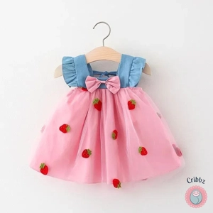 Embroidered Strawberry Bow Dress for Girls