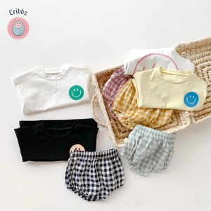 Cotton Smile Face T-shirt and Plaid Shorts Set