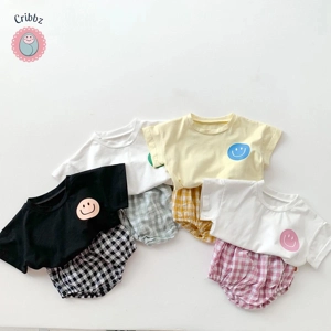 Cotton Smile Face T-shirt and Plaid Shorts Set