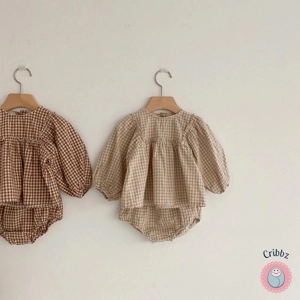 Spring Cotton Plaid Blouse and Shorts Set
