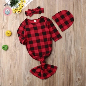 Plaid Baby Nightgown with Beanie and Headband