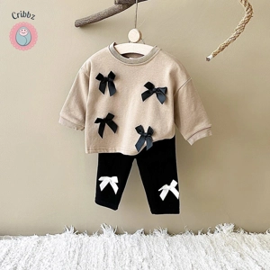 Stylish Cotton Bow Sweatshirt and Pants Set