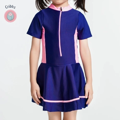 Girls Zipper One Piece Swimsuit with Skirt title=