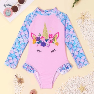 Girls Long Sleeve Ruffle Swimsuit