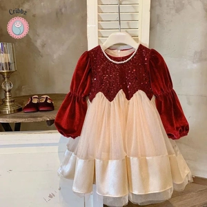 Girls Sequined Lantern Sleeve Winter Dress
