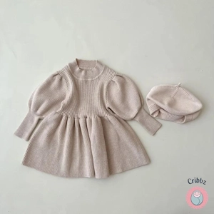 Girls Knit Puff Sleeve Sweater Dress