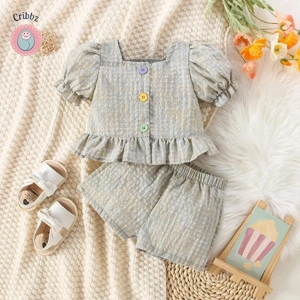 Summer Baby Girl Cotton Plaid Outfit Set