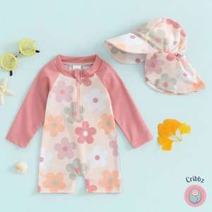 **Toddler Long Sleeve Floral Swimsuit with Hat**