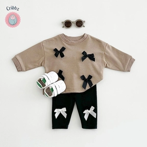 Stylish Cotton Bow Sweatshirt and Pants Set