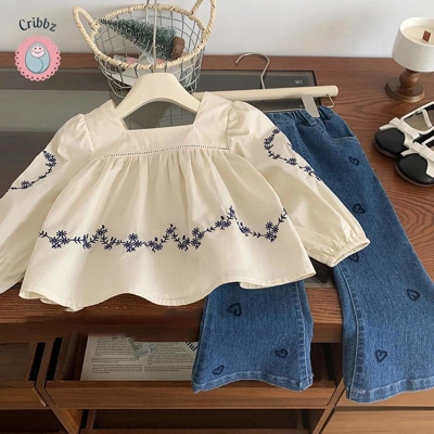 Girls Embroidered Blouse and Heart Jeans Set title=