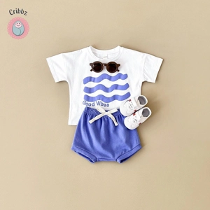 Cartoon Wave T-shirt and Beach Shorts Set