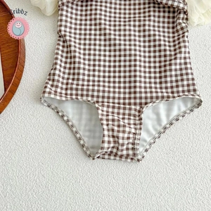 Plaid Lace Sleeve Girls One-Piece Swimsuit