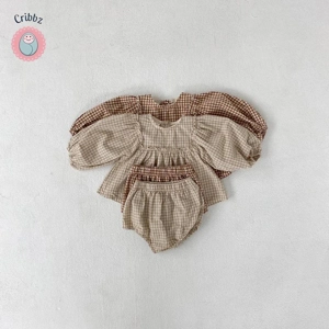 Plaid Puff Sleeve Blouse and Bloomer Set