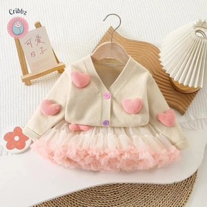 Girls 3D Heart Sweater and Tulle Skirt Set