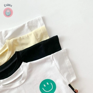 Cotton Smile Face T-shirt and Plaid Shorts Set